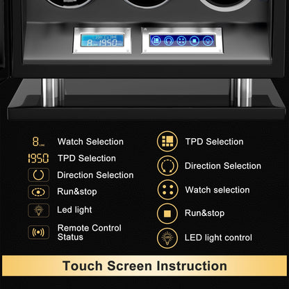 DUKWIN Watch Winder for 3 Automatic Watches,Fingerprint Lock Watch Winders with LCD Touchscreen, Blue LED Light, Remote Control,Adjustable Pillow and Quiet Motor for Universal Watches, 5TPD