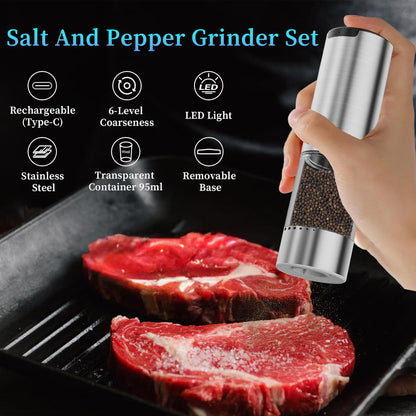 Skiennix Electric Salt and Pepper Grinder Set - Automatic Rechargeable Shakers with Adjustable Coarseness & LED Light