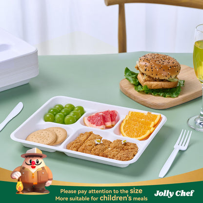 JOLLY CHEF Compostable 𝟱 Compartment Paper Plates 10*8.25*1 𝗶𝗻𝗰𝗵 [𝟭𝟮𝟱 𝗣𝗮𝗰𝗸] Small Heavy Duty Divided Disposable White Eco-Friendly Biodegradable Food Tray for School Lunch Dinner Christmas