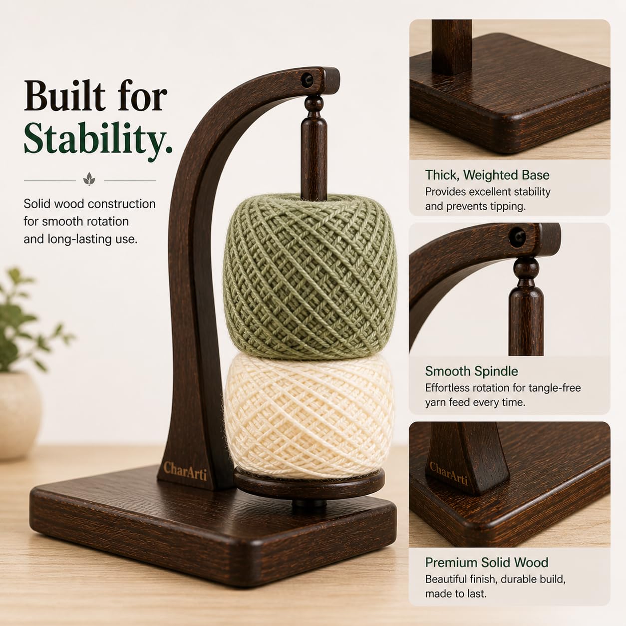 ClarArti - Magnetic Yarn Holder for Crocheting & Knitting – Wooden Yarn Spinner, Yarn Ball Holder, Yarn Holder for Crocheting, 360° Smooth Rotation, Holds 2 Skeins up to 500g