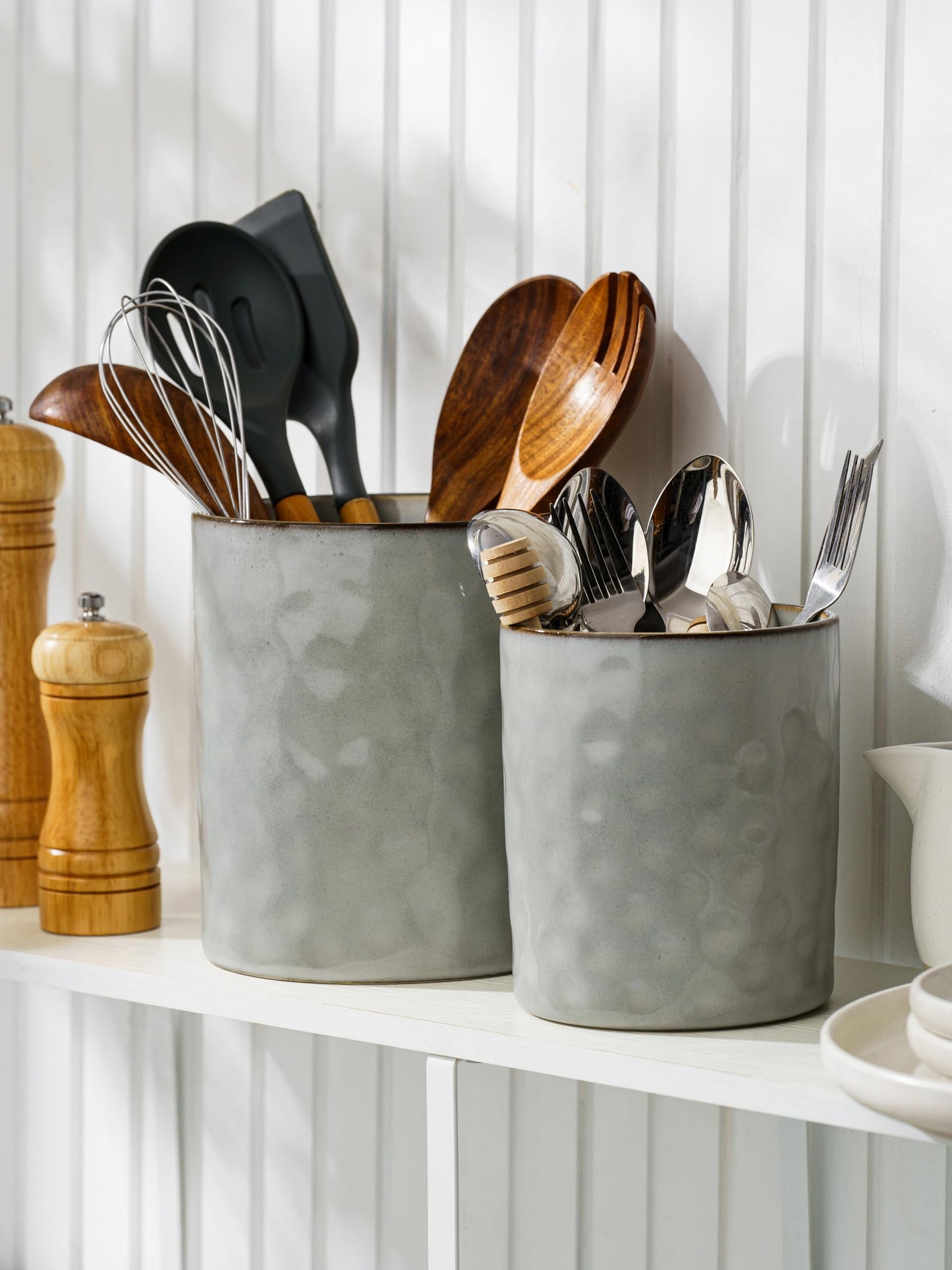 famiware Ocean Utensil Holder, 7.2"+5.8" Ceramic Kitchen Utensil Holder for Countertop, 2 Pieces Cooking Utensil Crocks, Utensil Organizer for Spatula & Spoon, Kitchen Decor, Set of 2, Gray