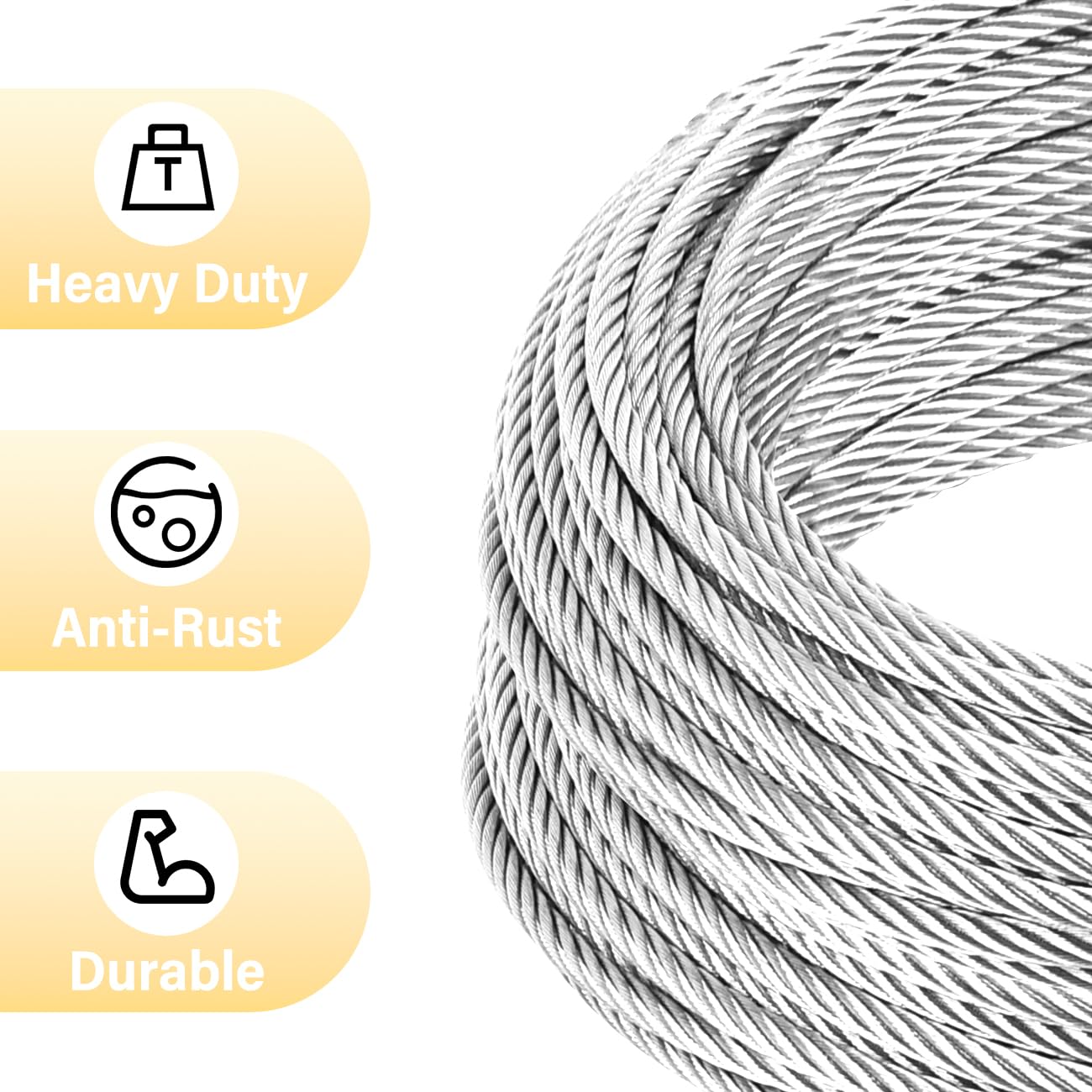 5/16" Steel Cable, Sunuwk 150Ft 7x19 Strand Aircraft Cable with Loops, 9800 Lbs Breaking Strength, Heavy Duty Wire Rope with Clamps and Thimbles, for Zipline, Fencing, Deck Railing, Winch Cable