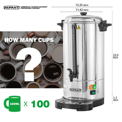 Commercial Coffee Urn 100 Cup/15L Coffee Dispenser with Upgraded Percolator, Double Wall 304 Stainless Steel Hot Water Urn Beverage Dispenser with Keep Warm Mode Large Coffee Maker for Catering Party