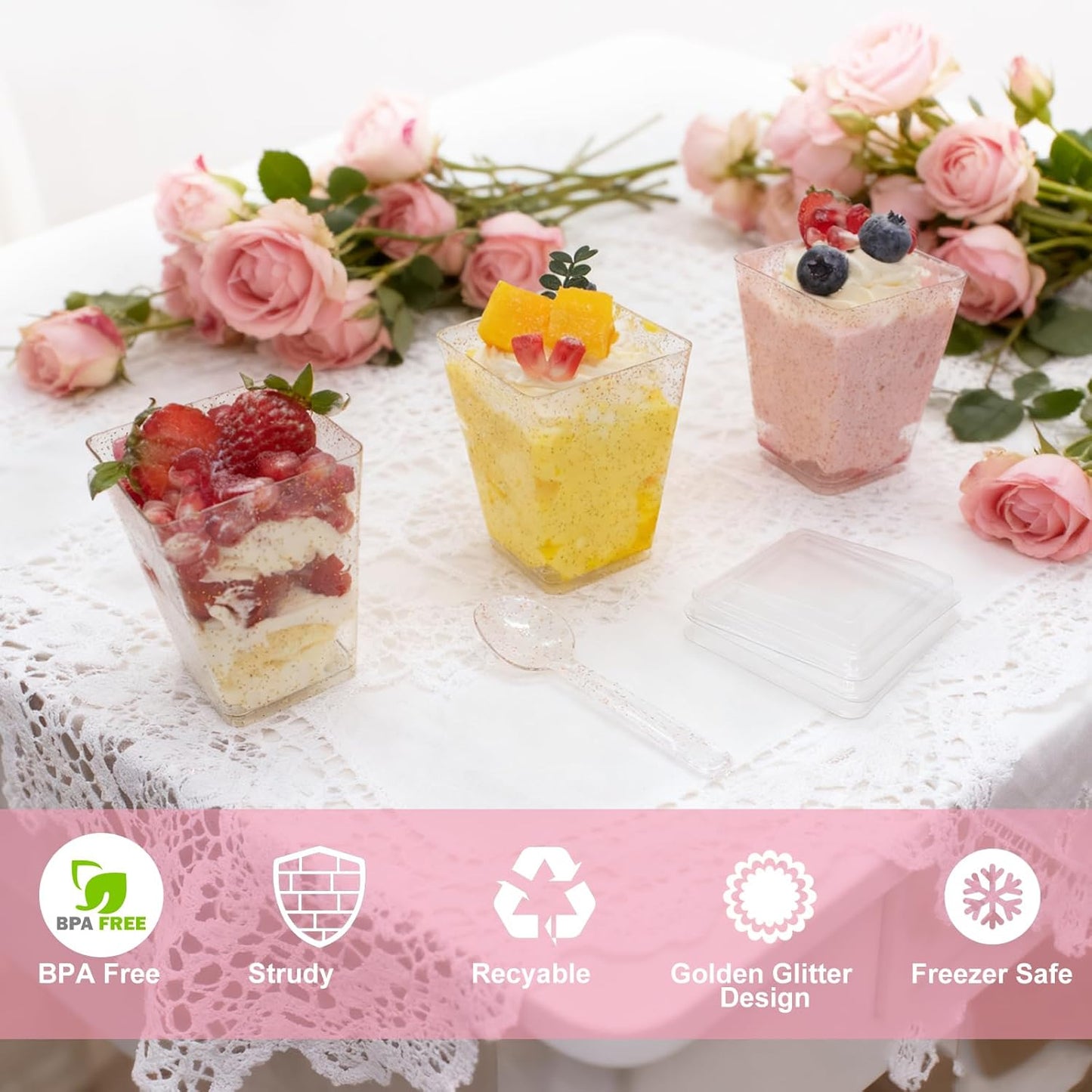 180 Pack 5Oz Gold Glitter Dessert Cups with Lids and Spoons Plastic Square Yogurt Parfait Appetier Cups for Party