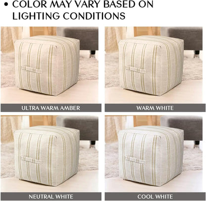 18"x18"x18", AELS Unstuffed Farmhouse Pouf Cover for Living Room, Boho Storage Bean Bag Cubes, Beige with Brown Stitch