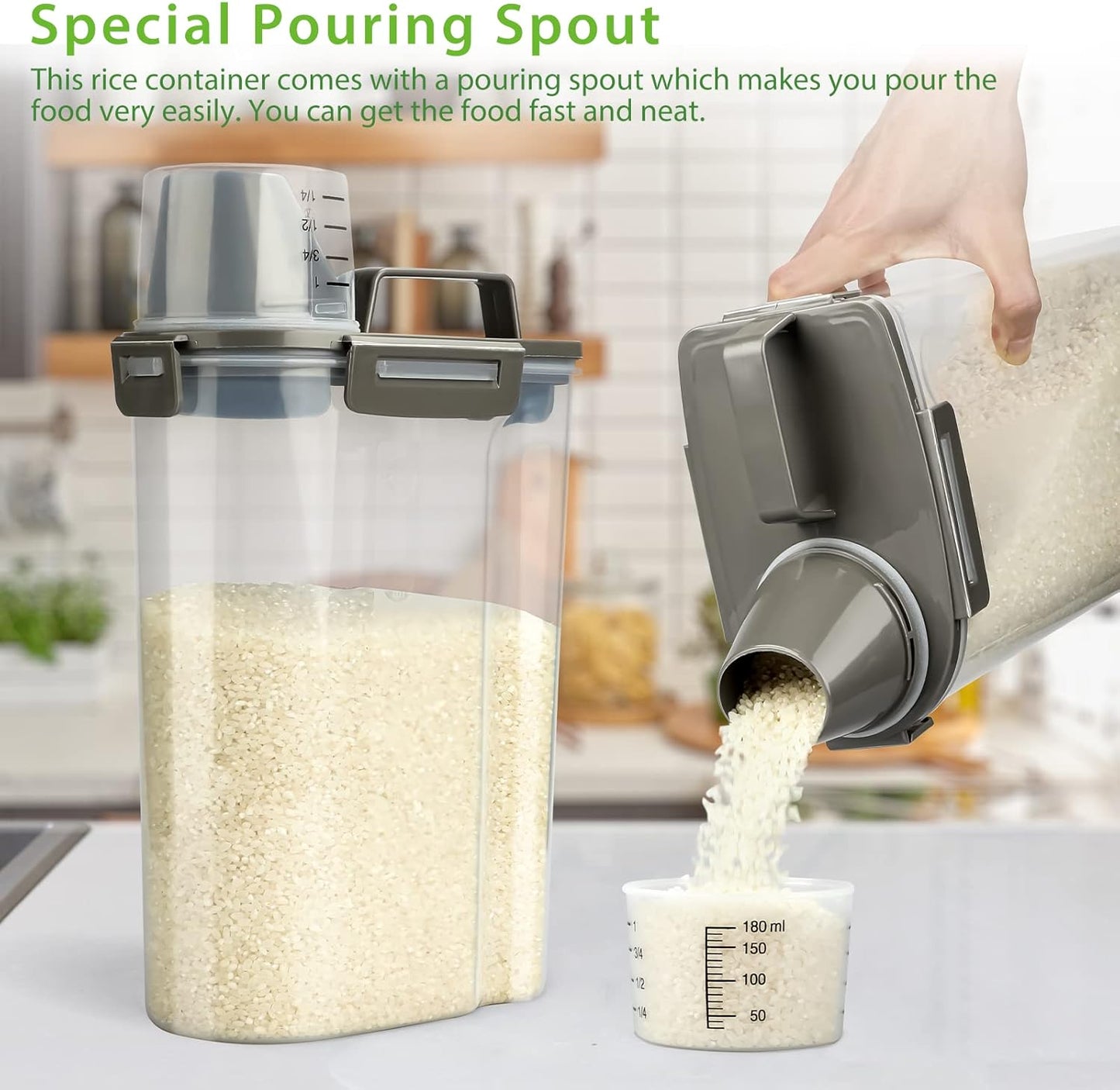 Rice Airtight Storage Container, 3 to 5Lbs Cereal Bin, Pet Food Dispenser with Measuring Cup, BPA Free Clear Plastic