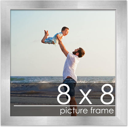 8x8 Silver Pewter Wood Picture Frame, Square Frame with UV Acrylic, Foam Board Backing & Hanging Hardware