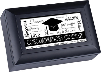 Cottage Garden Congratulations Graduate Jewelry Music Box - Matte Black Petite, Plays Wonderful World