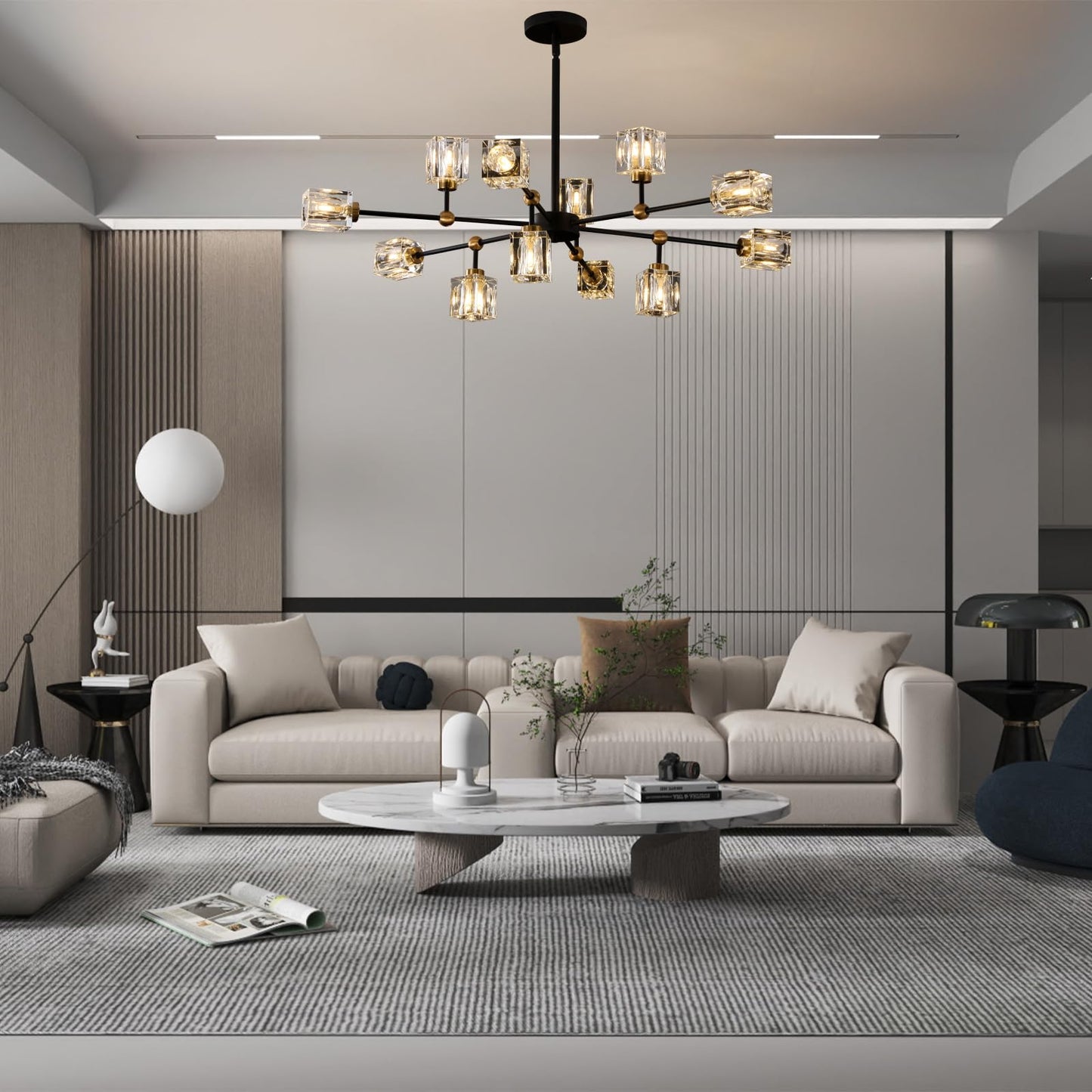 LIXDRASK 12-Light Black Crystal Chandelier Modern Sputnik Chandeliers for Dining Room Adjustable Height Sputnik Ceiling Light Fixture for Living Room Kitchen Island Bedroom