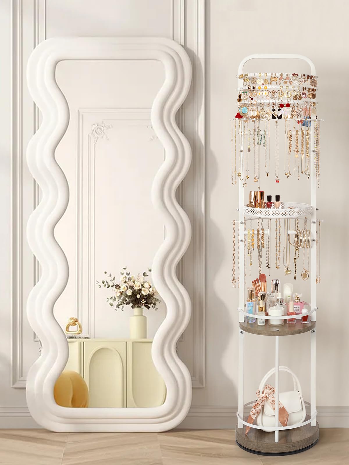 Jewelry Holder Organizer, Floor Jewelry Organizer with Earring Organizer Necklace Holder, Rotating Jewelry Stand Necklace Display Earring Storage, Large Hanging Jewelry Tree for Jewlery Bracelet Ring