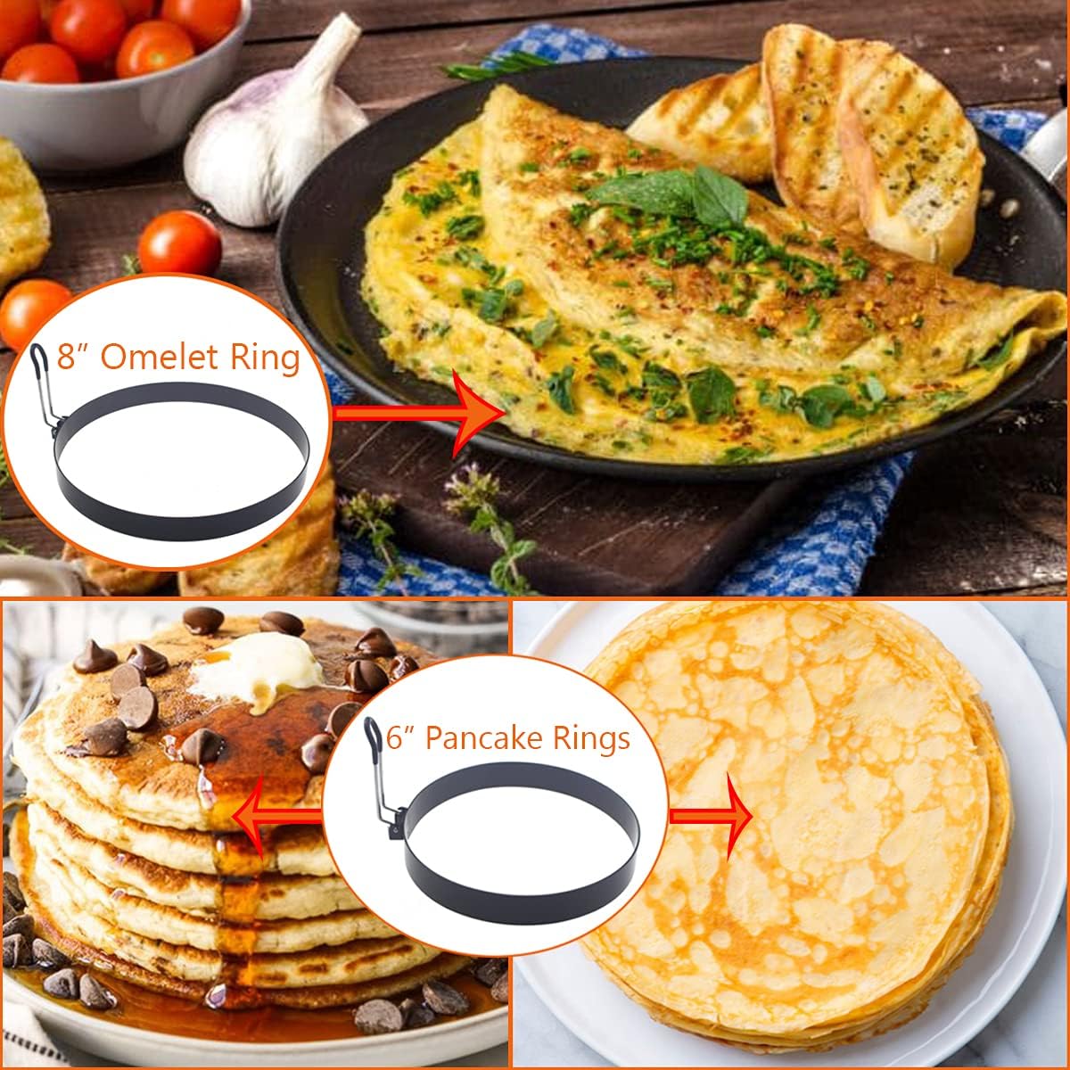 WOWITIS 8 Pack, 8" 6" 4" 3.5" Stainless Steel Egg Rings - Omelet, Pancake, & Egg Muffin Rings with Oil Brush