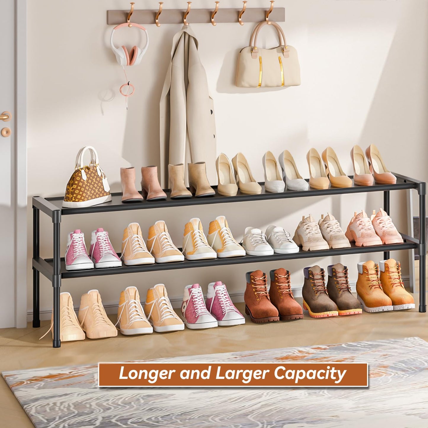 LUKYTOWER Extra Long Shoe Rack 2 Tier Shoe Storage Organizer Wide Stackable Shoe Organizer Racks for Closet Entryway,Shoe Shelf Stand Sturdy Durable Shoes Rack Holder Save Space