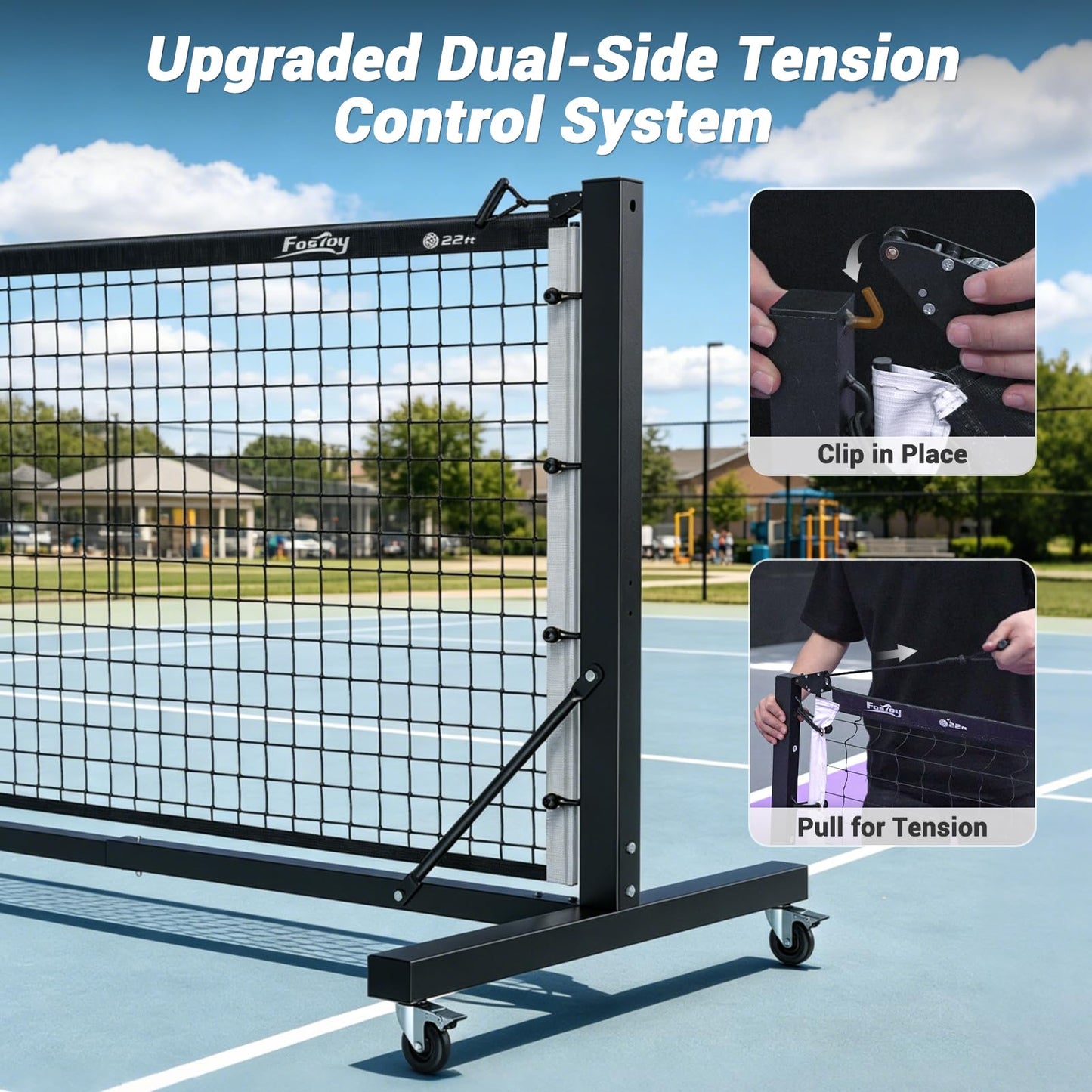 Fostoy Pro Aluminum Pickleball Net with Carbon Fiber Paddle, Dual-Side Tension Lock System, Locking Wheels, 22FT Tournament Regulation Size for Outdoor Court, Driveway & Gym, Easy Setup, Carry Bag