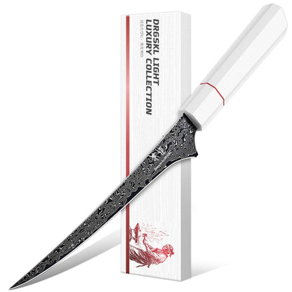 DRGSKL Damascus Fillet Knife 7 Inch - VG10 Razor Sharp Slicing Knife for Fish and Meat Trimming - Japanese G10 Handle - with Gift Box