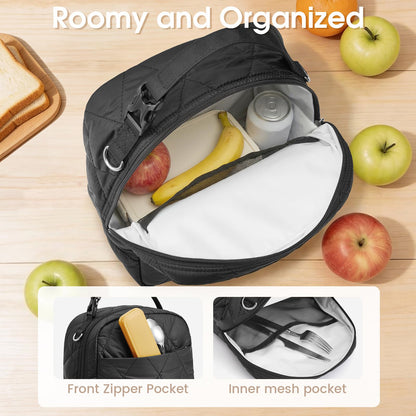 G4Free Large Insulated Lunch Bag, Leakproof Quilted Lunch Box Women Men, Reusable Puffer Lunch Bag For Work Picnic Travel, Black