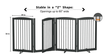 PUPETPO Freestanding Dog Gates with Door Walk Through, Pet Gate for Stairs, 80 inch Wide Gates Indoor, Dog Fences Indoor, Support Feet Included, 4 Panels, 32" Tall, Grey