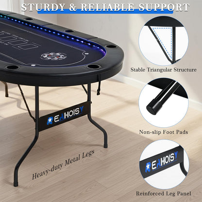 REAHOISY LED Poker Table, 84" 10 Players Oval Foldable Texas Holdem Casino Table with Tri-Color LED Lights, Board Game Table for Home Game Room with 10 Cup Holders and Padded Armrests