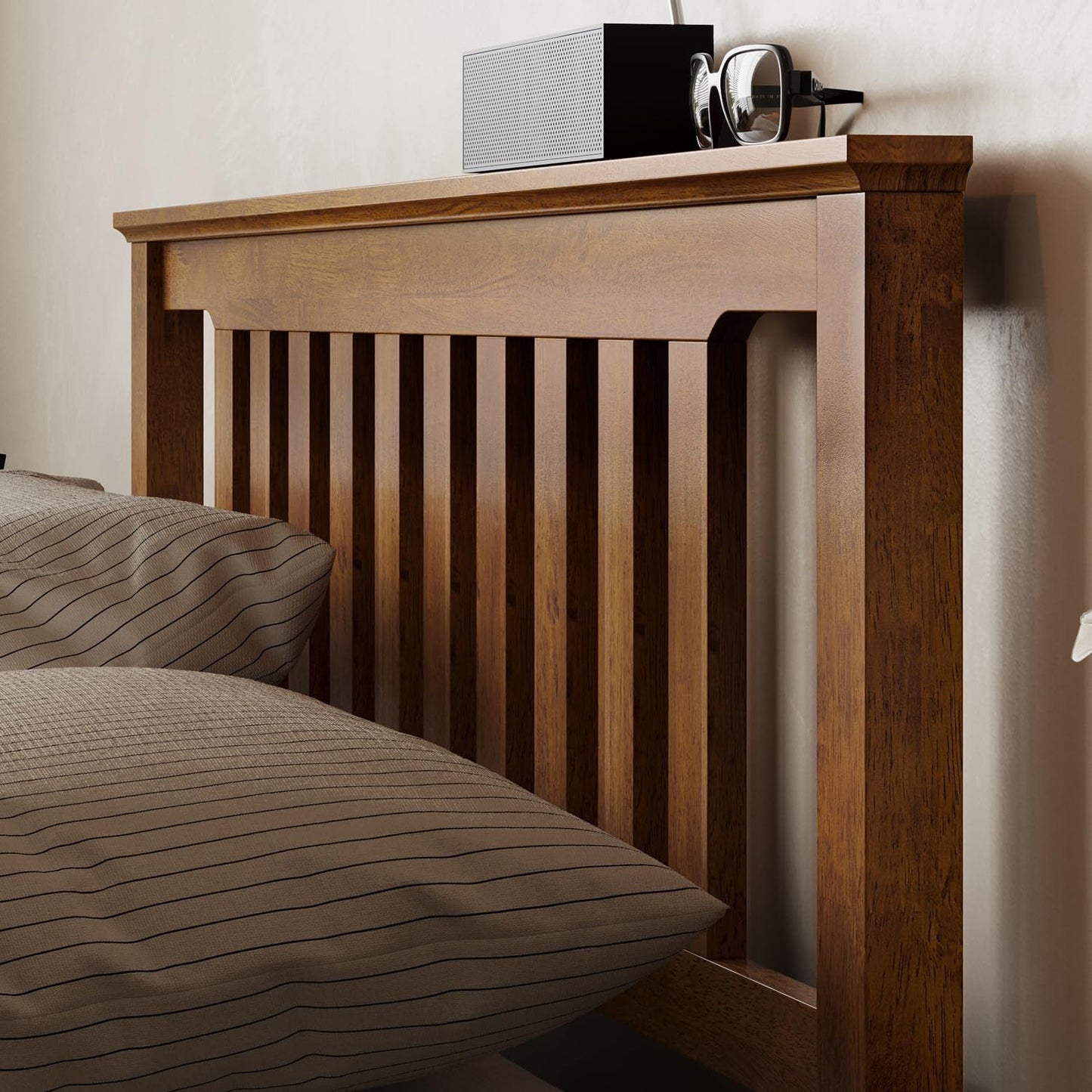 LINSY Solid Wood Bed Frame, Full Bed Frames Wooden Platform Frame with Headboard and Slat Bases, Mid Century Modern Bedframe No Box Spring Needed, Easy Assembly, Antique Walnut