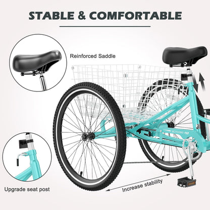 H&ZT Adult Tricycle, 3 Wheeled Bike, Trike Cruiser Bike, with 7-Speed Gear, Parking Brake Handle, Low Step, Large Rear Basket, Elderly Friendly, for Men, Women, and Teens