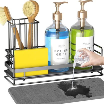 Set, Counter 8.1x3.5x4.5 Yofidra Sink Caddy With Stone Drying Tray: Stainless Steel Soap Dispenser Kitchen Sink