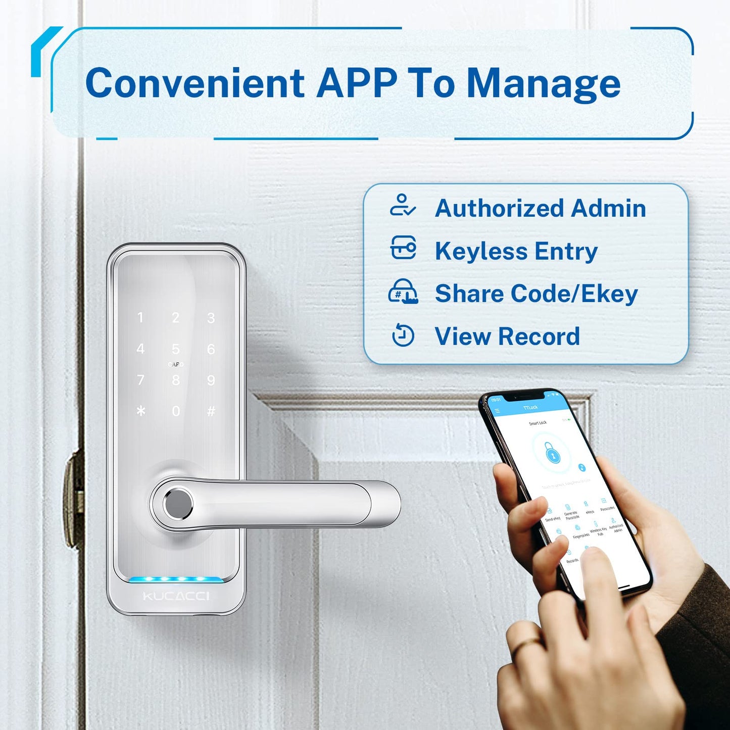 Smart Door Lock with Handle: Kucacci Keyless Entry Digital Door Lock for Front Door - Fingerprint Keypad Smart Dnob - Generate Passcode Remotely - App Control - Easy Installation(Black)
