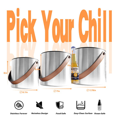 Bakpoco Double-Wall Vacuum Insulated Ice Bucket with Lid, Scoop, Ice Tong, Strainer & Leather Handle Keep Ice Frozen Longer Large Wine Ice Buckets for Cocktail Bar,Parties Chilling Beer Champagne 3L