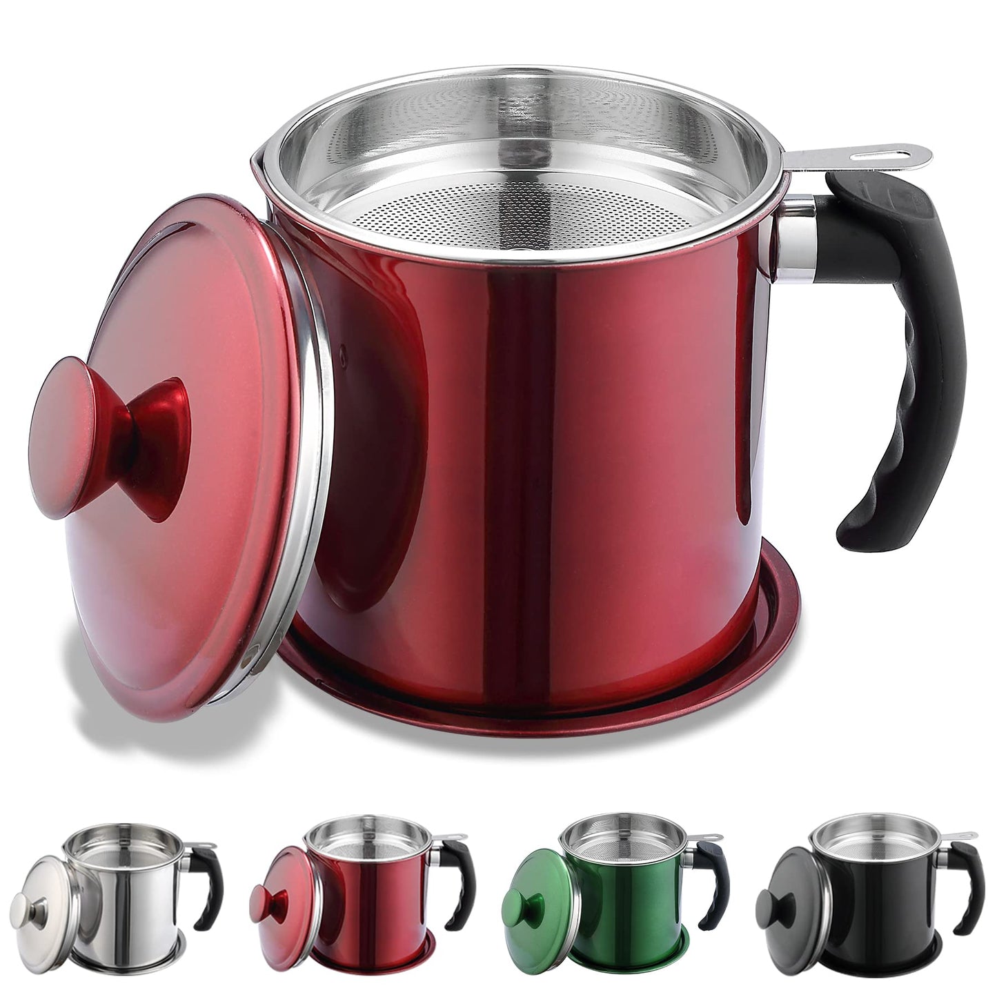 Kyraton Bacon Grease Container With Strainer, 48 oz Metal Shining Red Stainless Steel Oil Container, Pot Fat Storage With Lid, Easy Grip Handle Suitable For Storing Frying Oil And Cooking Grease