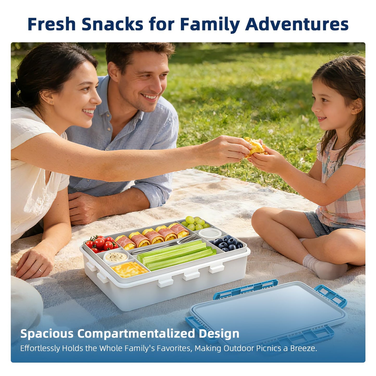 Chilled Snack Box Container with Ice Pack, Portable Travel Food Containers with Lids, Keep Cheese and Fruits Remained Fresh for Hours, Divided Serving Tray for Family Road Trip Beach Picnic(White)