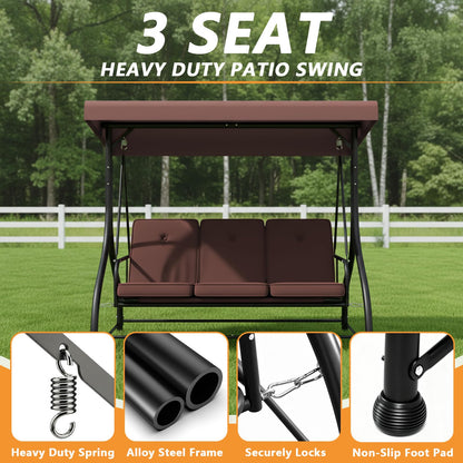 3 Seat Outdoor Porch Swing with Stand, 760 lbs Capacity Heavy Duty Patio Glider Swings for Adults, Convertible 2 in 1 Patio Swings Bed with Adjustable Canopy & Thick Cushions for Garden Yard