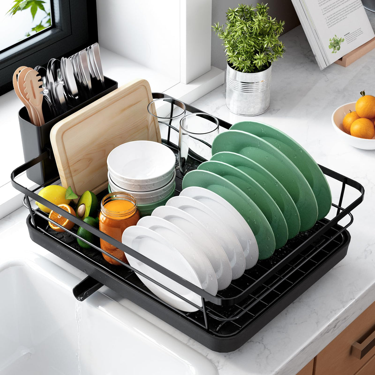 Kitsure Dish Drying Rack for Kitchen Counter, Stainless Steel Sink Organization and Storage Essentials with Cutlery Holder, Home and Appartment Decor, 12''W x 15.5''L, Black