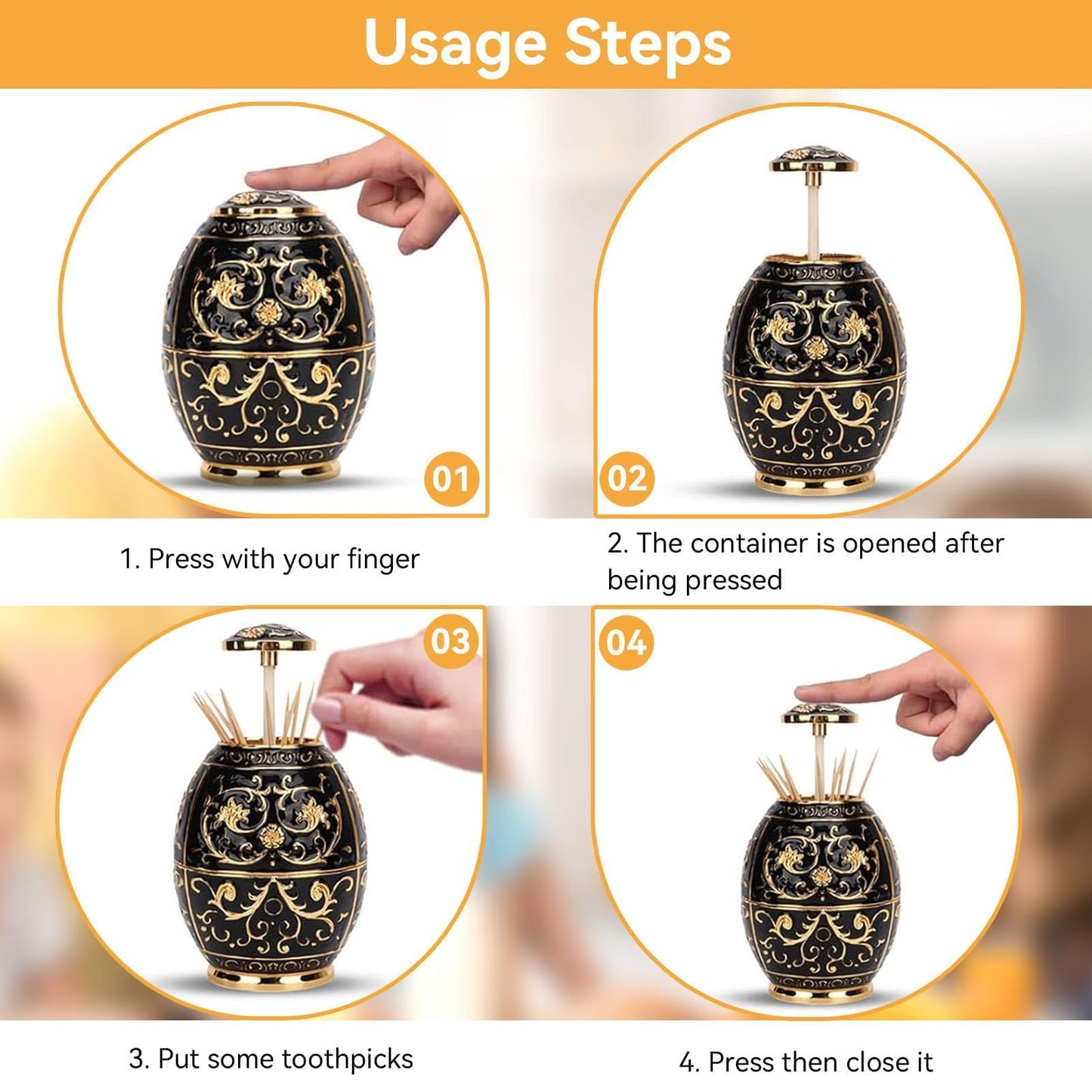 Retractable Toothpick Holder Portable Toothpick Dispenser Hand Push Toothpicks Case Automatic Retro Pop up Toothpicks Storage Organizer Container for Kitchen Home Restaurant Decoration(Gold+Black)