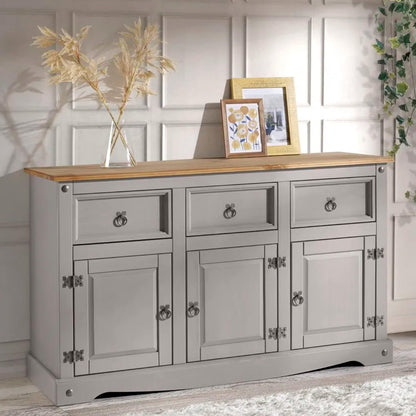 Furniture Dash Rustic Grey 6-Compartment Cabinet – Solid Wood Console Table with Storage Drawers & Doors for Dining, Kitchen, or Entryway Use