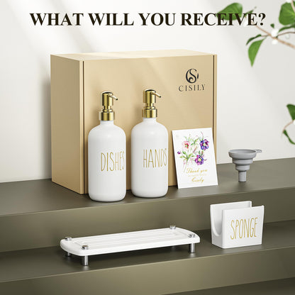 Cisily Kitchen Soap Dispenser Set Comes with Ceramics Sponge Holder, Gold Pumps, and Instant Dry Tray, Hand and Dish Soap Dispenser Set (4, Gold + White + Sponge Holder)