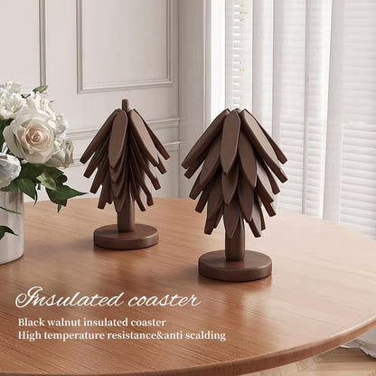 Wooden Placemats - Tree Washer Set, Wooden Pinwheel Coaster Set with Stand for Easy Storage - for Fondue pots, Pans, Bowls, teapots, Warming Trays - Versatile Decorations (B Walnut 4 pcs)