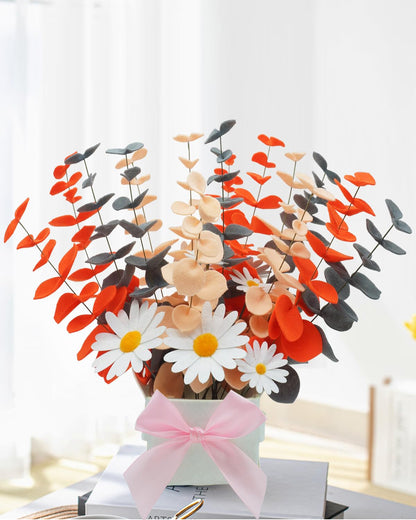 BAZIMA Felt Eucalyptus Daisy Bouquet,Felt Flowers,Multi-Color Felt Leaves,DIY Bouquet,Artificial Flower Bouquet with Flower Pot,Floral Gifts,15 Eucalyptus and 8 Daisies (Orange Gray Light Yellow)