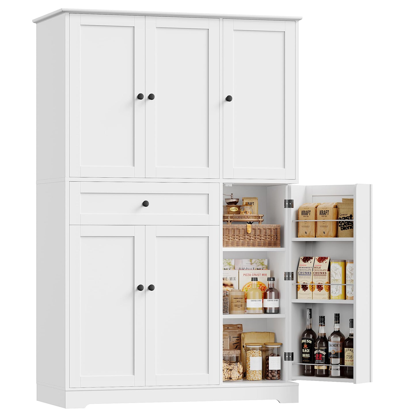 HOSTACK 68" Tall Kitchen Pantry Storage Cabinet, Modern Kitchen Hutch Cabinet with Doors and Shelves, Freestanding Food Pantry with Large Storage Drawer for Dining Room, Living Room, White