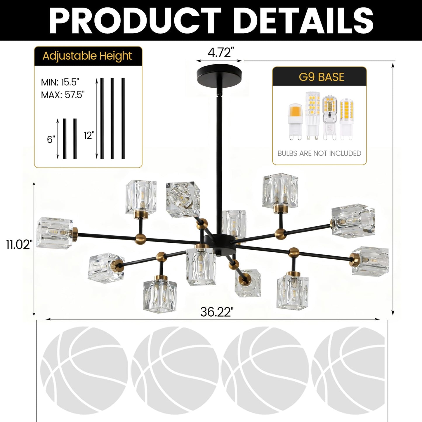 LIXDRASK 12-Light Black Crystal Chandelier Modern Sputnik Chandeliers for Dining Room Adjustable Height Sputnik Ceiling Light Fixture for Living Room Kitchen Island Bedroom