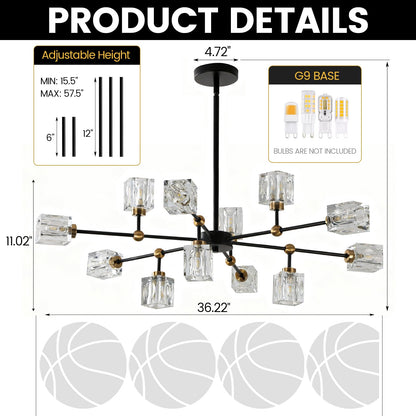 LIXDRASK 12-Light Black Crystal Chandelier Modern Sputnik Chandeliers for Dining Room Adjustable Height Sputnik Ceiling Light Fixture for Living Room Kitchen Island Bedroom