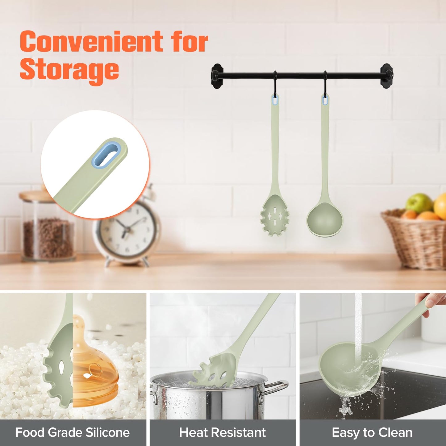 Silicone Spaghetti Spoon&Soup Ladle Cooking Utensils Set of 2,No Scratch for Nonstick Cookware,BPA Free, 450℉ Heat Resistant (Green)