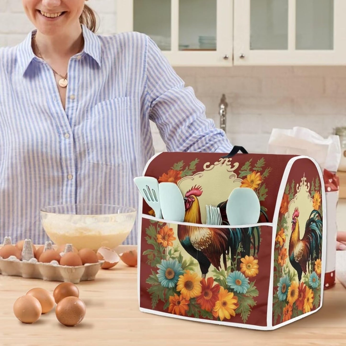 Sunflower Rooster Stand Mixer Cover, Compatible with 6-8 Quart Kitchen Aid Mixer, Dust Proof Cover with Pocket