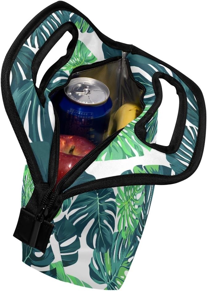 Neoprene Lunch Bag Tote, Insulated Food Container with Tropical Palm Leaves Decor for School or Work