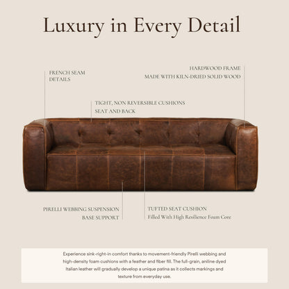 POLY & BARK Capa 96.5" Sofa – Chocolate Brown Full-Grain Pure-Aniline Italian Leather, Boxy Modern Design, Feather-Fiber Cushions, Solid Wood Frame