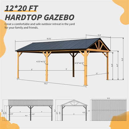 GOWE 12x20ft Hardtop Gazebo, Galvanized Steel Gable Roof Gazebo Pergola with Wood Grain Aluminum Frame, Outdoor Permanent Gazebo Pavilion for Patio, Garden (Yellow Brown)