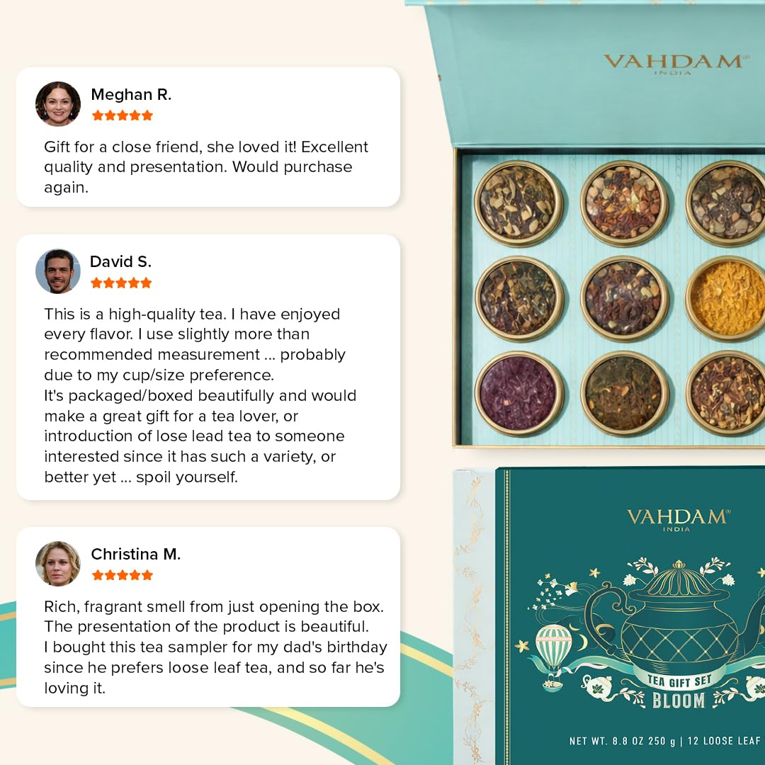 VAHDAM, Bloom - Assorted Tea Gift Set (12 Loose Leaf Tea) Tin Caddy Presentation Box | Gluten Free, Non GMO | Tea Gift Set for Women & Men