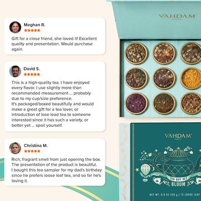 VAHDAM, Bloom - Assorted Tea Gift Set (12 Loose Leaf Tea) Tin Caddy Presentation Box | Gluten Free, Non GMO | Tea Gift Set for Women & Men