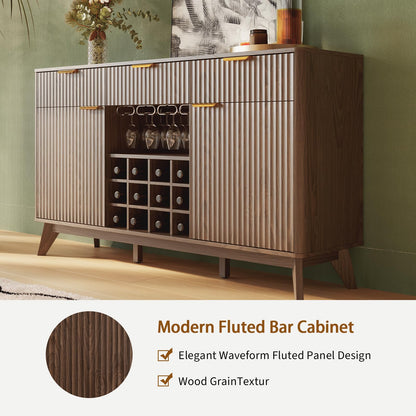 60" Wide Fluted Wine Bar Cabinet with 2 Side Cabinets, 3 Drawers, 4 Glass Holders & 12 Wine Racks, Modern Buffet Sideboard with Storage, 2 Door & 3 Drawer Buffet Sideboard for Kitchen, Dining Room