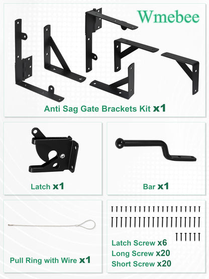 Wmebee Anti Sag Gate Kit, Fence Gate Kit Gate Hardware,Heavy Duty No Sag Anti Twist Gate Frame Corner Brace Bracket with Self-Locking Gate Latch for Wooden Fence Gate (1 Door Set)