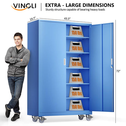 VINGLI Large Metal Storage Cabinet with 2 Doors and 5 Adjustable Shelves, Upgraded Height & Wide & Deep, 43''W x 20''D x 72''H, Oversized Garage Storage Cabinet with Wheels and Locks (Blue)