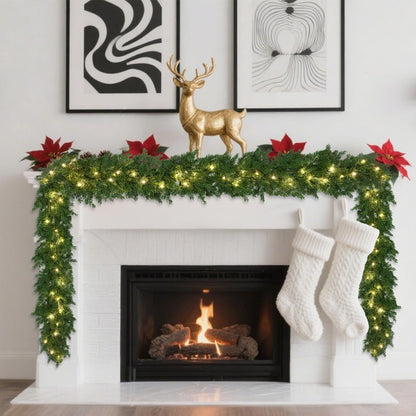 Realistic Christmas Garland With 8 Lighting Modes 6FT Real Touch Lush Artificial Cypress Garlands Prelit Garlands for Stairs Railing Fireplace Table Christmas Decorations Indoor Holiday Decor Greenery