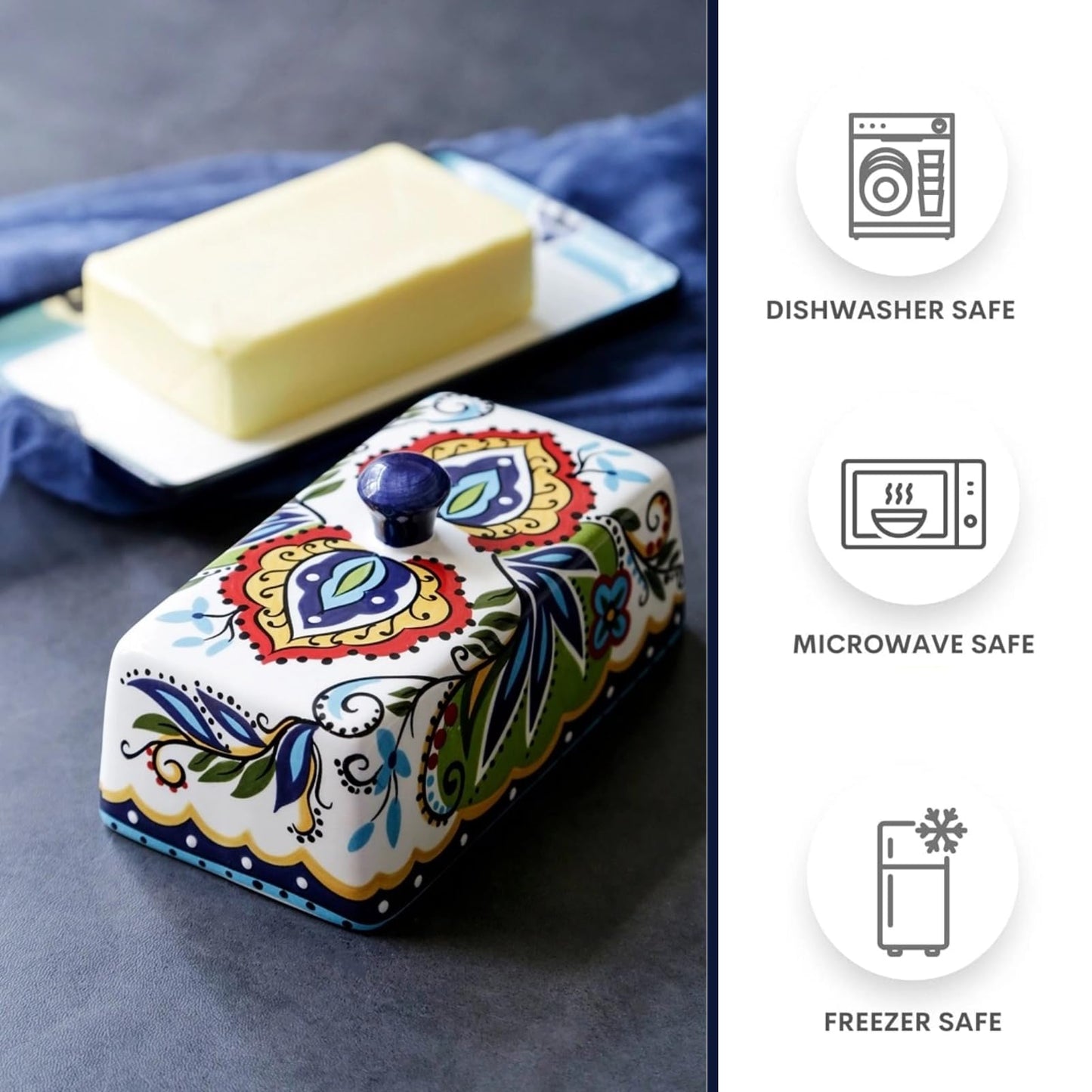 Ceramic Butter Dish with Lid Bohemia Hand Drawn Butter Plate Tray with Cover for Cheese Vintage Cheese Container Holder European-Style Butter Keeper for Home Kitchen 7.9 x 4.5 x 3.1 Inches (1)